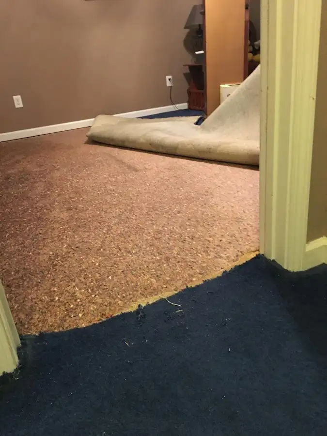 Carpet pad removal revealing water damage during Drying & Dehumidification in Lenoir